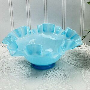 Vintage Decorative Bowl Bride Basket Blue Opalescent 7 Inch Glass Ruffled Edge